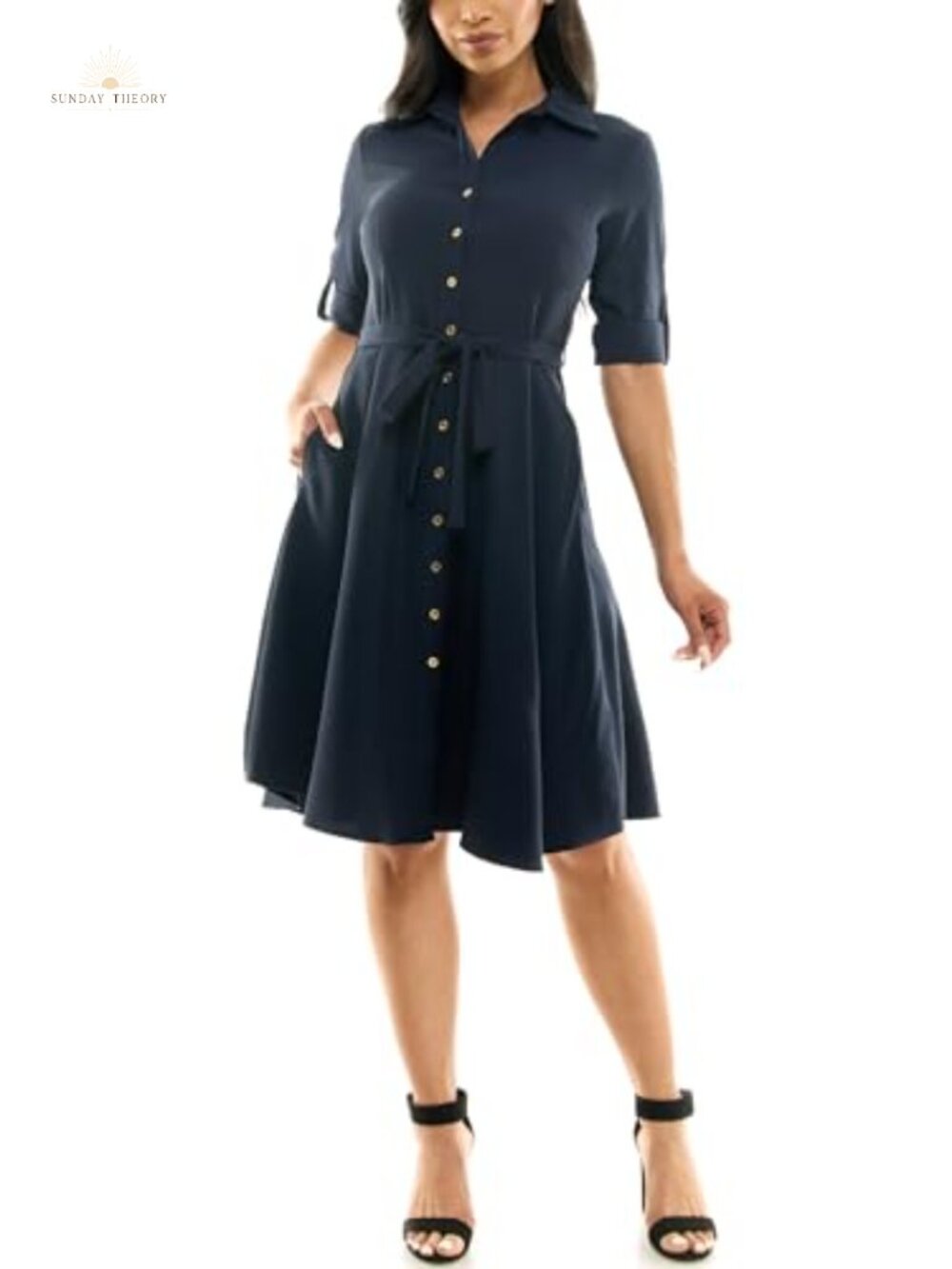 Pleated Button Front Shirt Dress V-Neck 3/4 Sleeve Midi